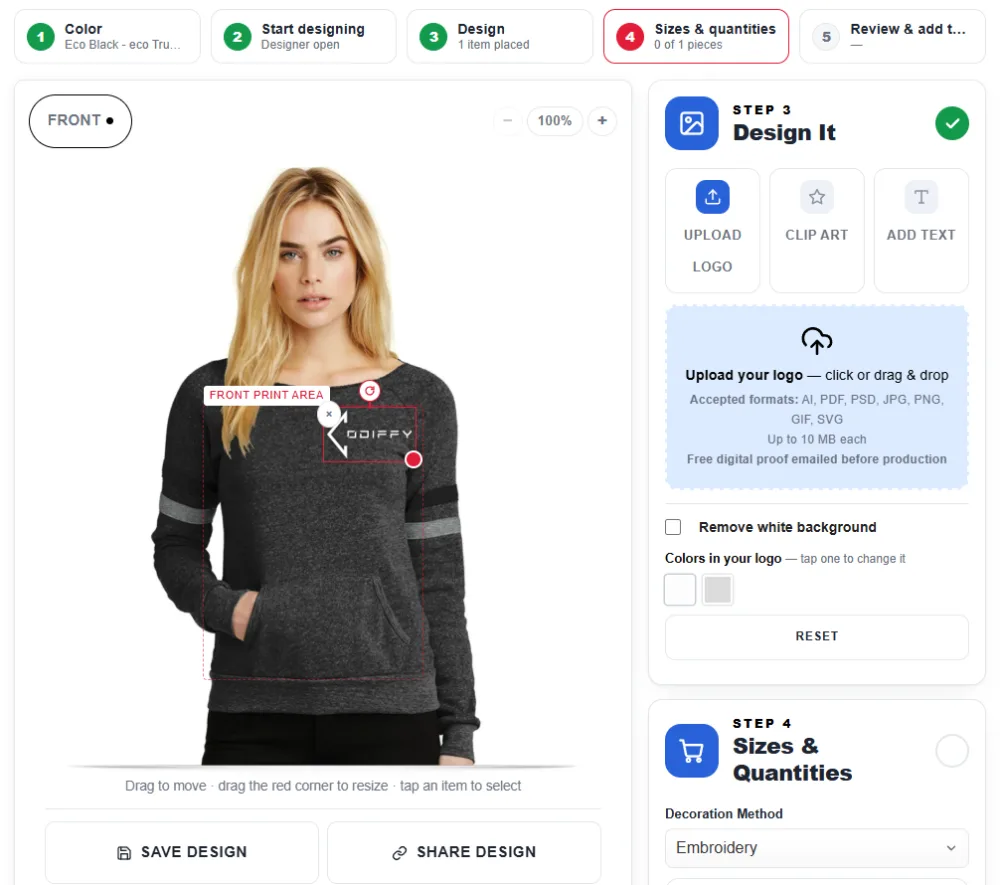 The AllStar Logo product designer: a customer places their logo on a sweatshirt's front print area, with upload, clip art and text tools beside it and steps from colour to sizes along the top.