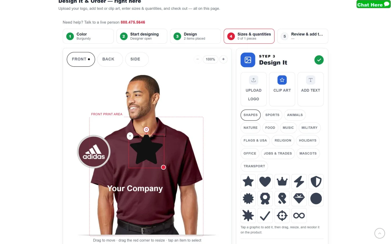 The Codiffy Canvas designer on allstarlogo.com: a burgundy Adidas polo with clip art and a line of text inside the front print area, the five-step progress bar and the clip art library with 14 categories