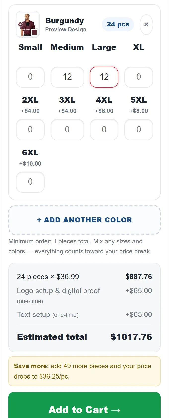 Sizes and quantities in Codiffy Canvas: 12 Medium and 12 Large burgundy polos, 24 pieces at $36.99 each, two one-time setup fees and a note that 49 more pieces lower the price
