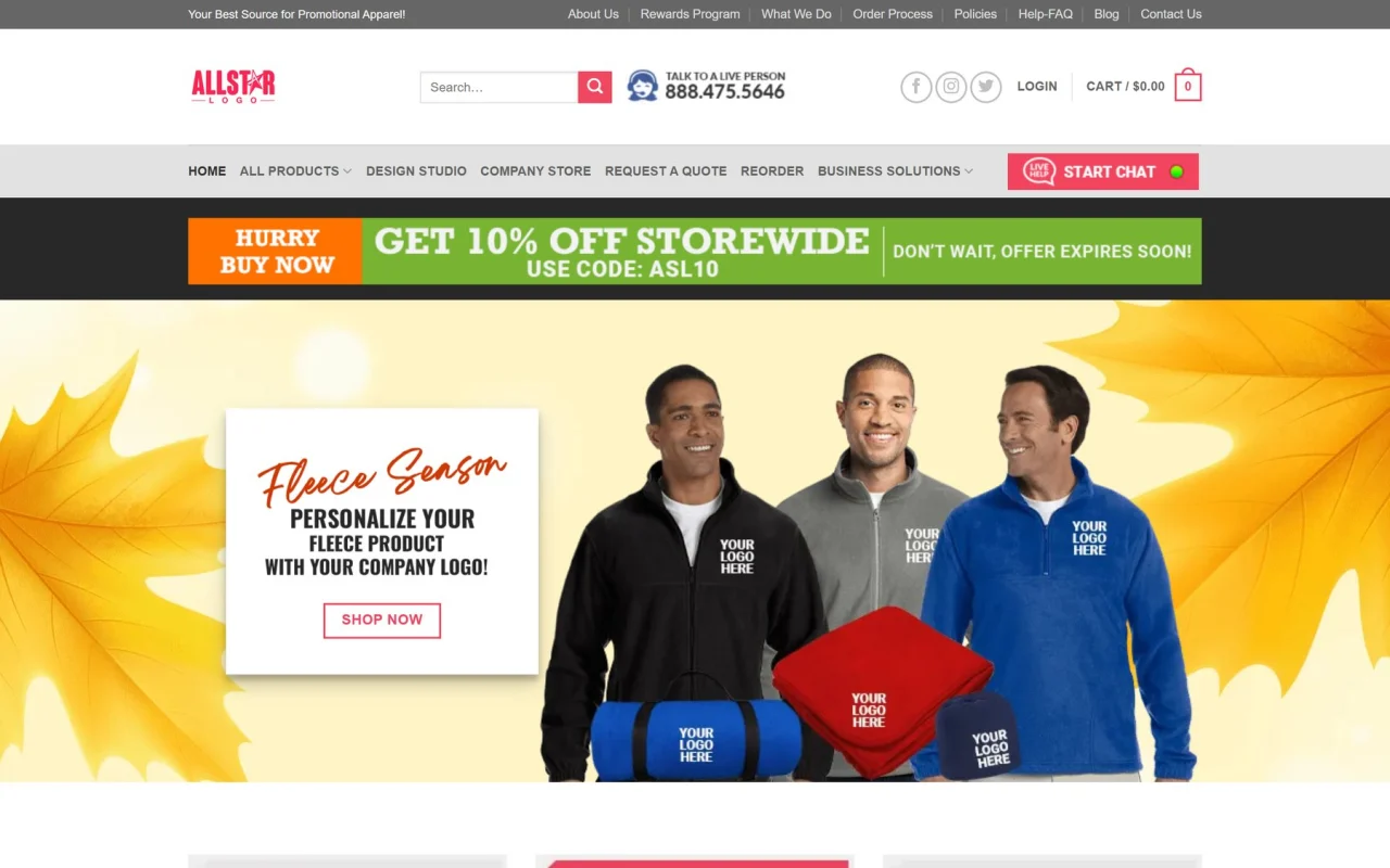 The allstarlogo.com homepage with its custom logo fleece campaign
