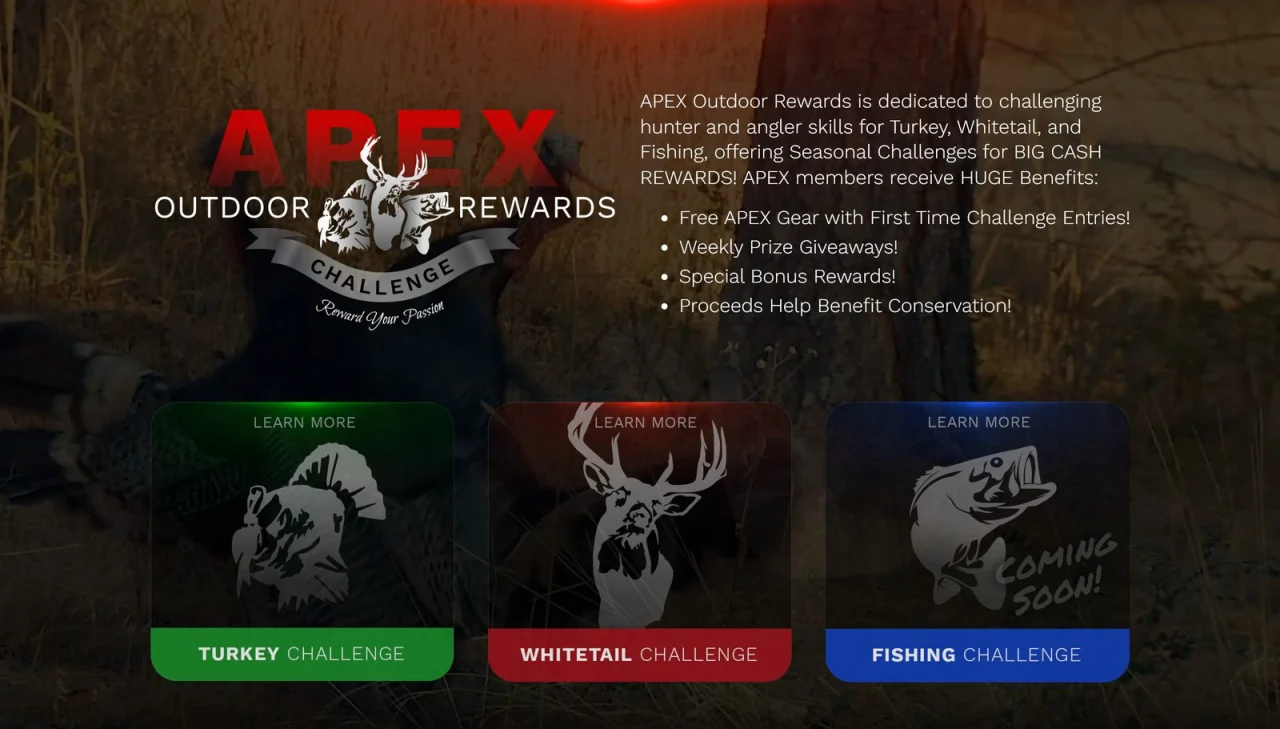 The APEX Outdoor Rewards challenges page with the Turkey, Whitetail and Fishing challenge cards