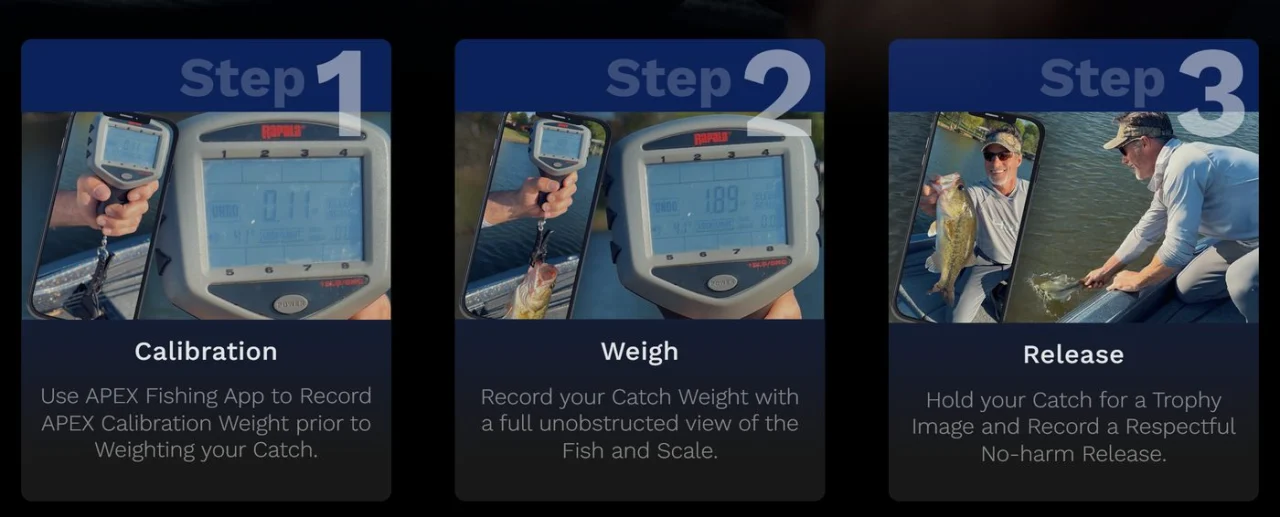 The three Fishing challenge steps on the APEX site: Calibration with the APEX calibration weight, Weigh with an unobstructed view of fish and scale, and Release