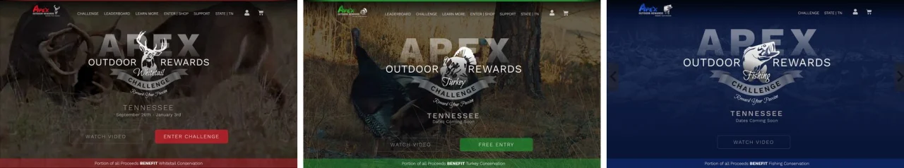 The Whitetail, Turkey and Fishing challenge sites of APEX Outdoor Rewards side by side, each showing the Tennessee challenge with the APEX logo for that sport