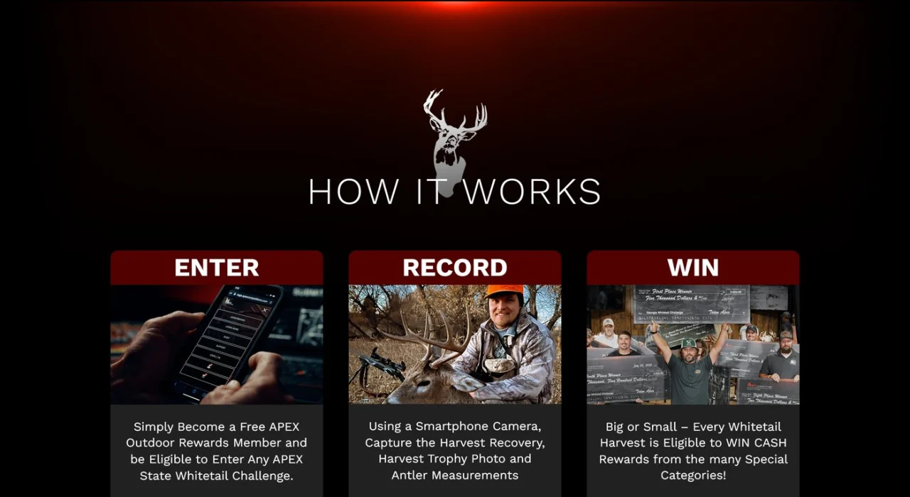 How It Works on the APEX Whitetail site: Enter, Record and Win, followed by the three challenge requirements Recover, Recovery Photo and Measurements