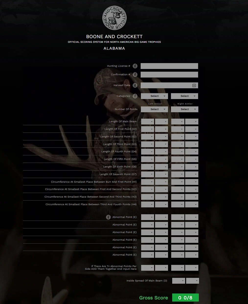 The APEX Whitetail score sheet with hunting license, confirmation number, harvest date, categories, number of points, the Boone and Crockett antler measurements and the gross score