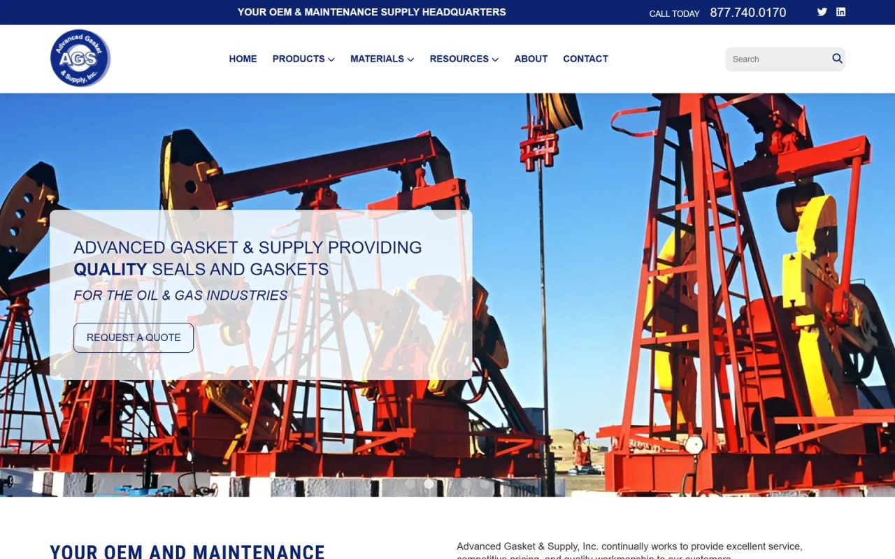 The Advanced Gasket & Supply homepage with an oil field pump jack and the line Providing quality seals and gaskets for the oil and gas industries, with a Request a Quote button