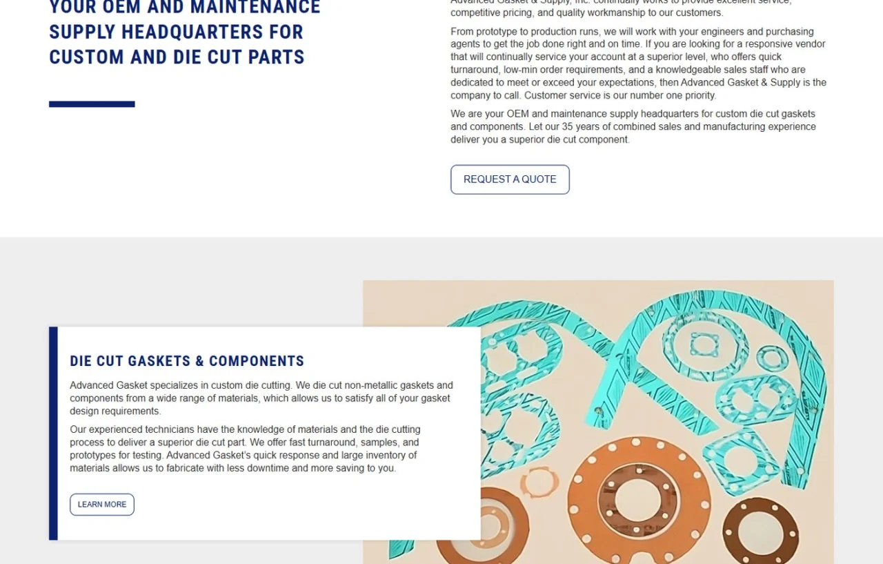 The Advanced Gasket & Supply homepage section about custom die-cut parts and the Die Cut Gaskets and Components product block with a photo of cut gaskets
