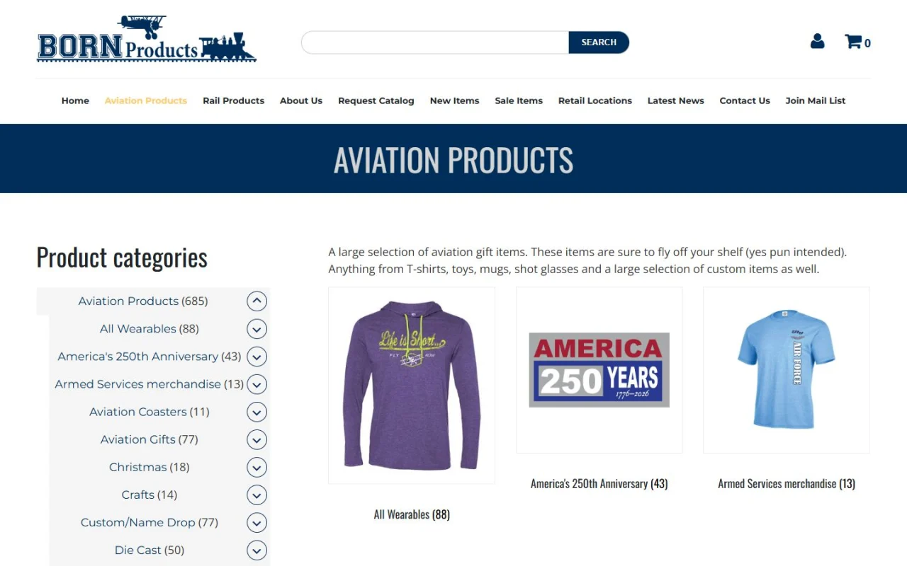 The Born Products Aviation Products page: a collapsible list of product categories with their counts next to product tiles for wearables, America's 250th Anniversary and armed services merchandise
