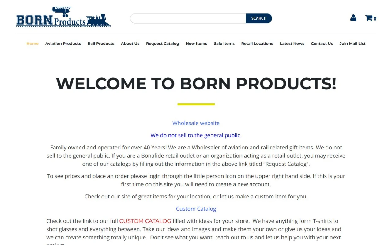The Born Products homepage: Welcome to Born Products, a wholesale website that does not sell to the general public, with the Aviation Products and Rail Products menu