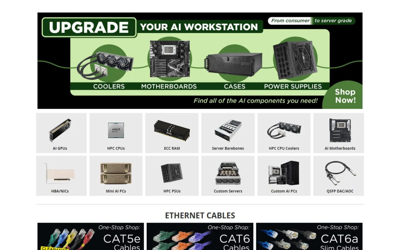 Central Computers category tiles for AI workstation parts such as GPUs, CPUs, ECC RAM and server barebones, with a section for Ethernet cables below