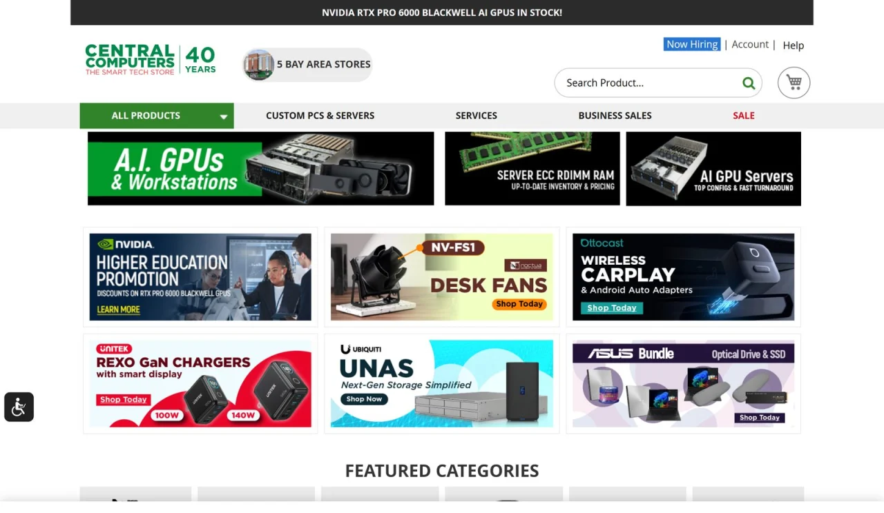 The Central Computers homepage with its product menu and banners for AI GPUs and workstations, server memory and AI GPU servers