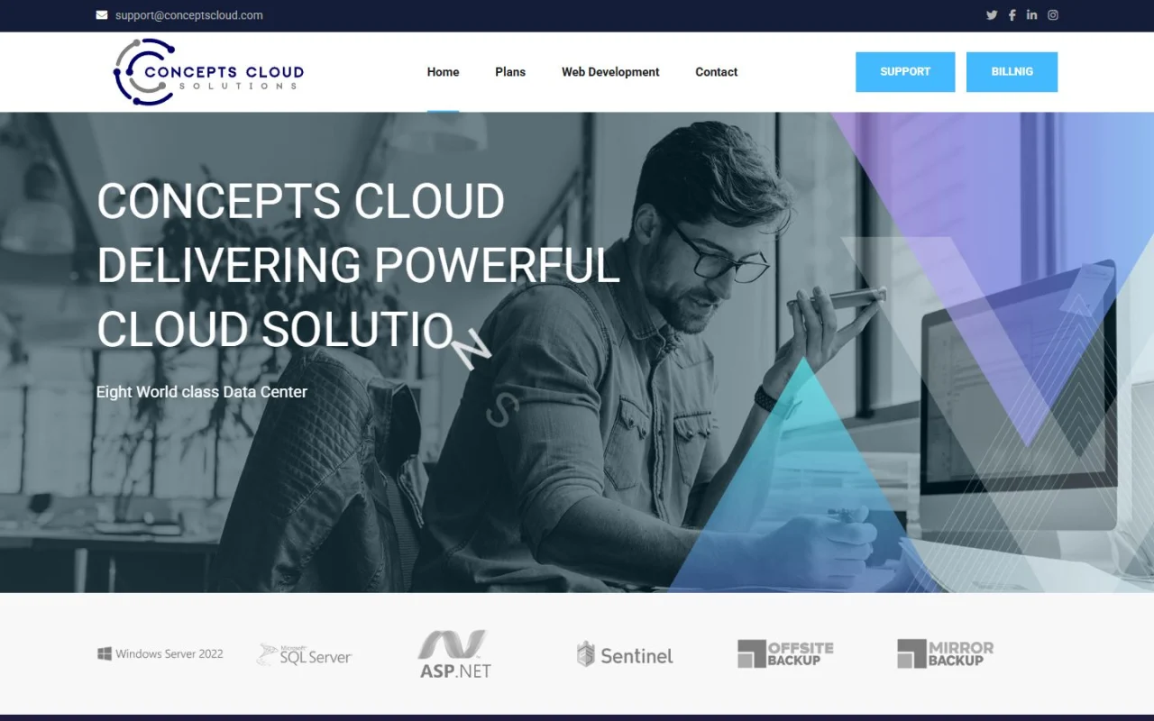 The Concepts Cloud homepage: Concepts Cloud, Delivering Powerful Cloud Solution, over a photo of a developer at a laptop, with the Home, Plans, Web Development and Contact menu