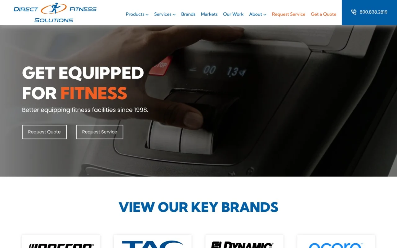 The Direct Fitness Solutions homepage, Get Equipped for Fitness, with Request Quote and Request Service buttons