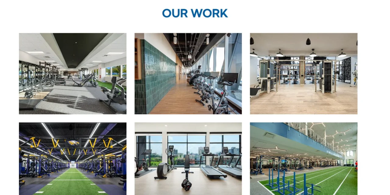 The Our Work section of the Direct Fitness Solutions website with a grid of photos of fitness facilities the company has equipped