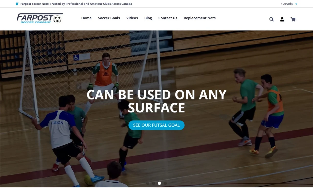 The Farpost Goals Canada store homepage with a futsal game and the line Can be used on any surface