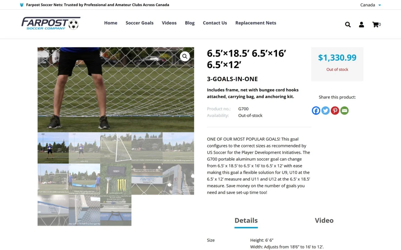 A Farpost Goals Canada product page for the 6.5 by 18.5 foot 3-goals-in-one soccer goal with its price, product photos and a country selector set to Canada