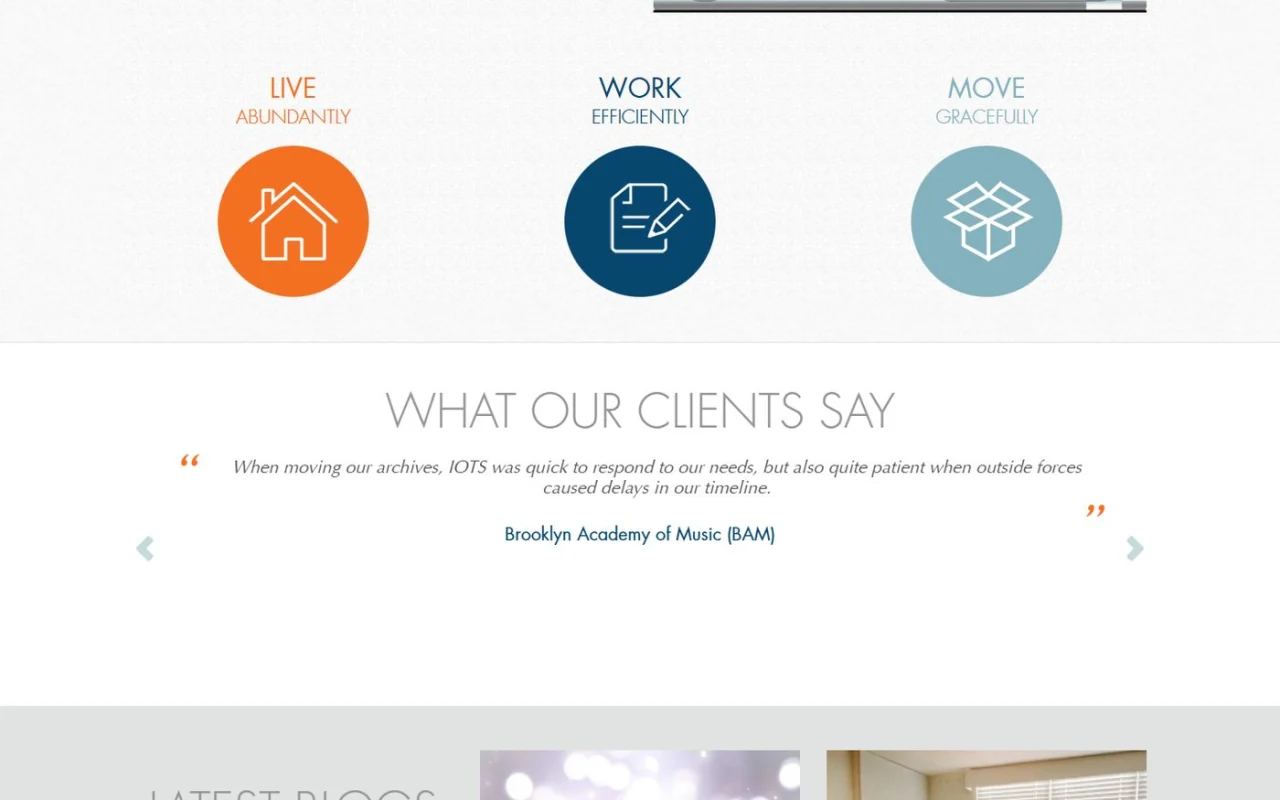 The In Order to Succeed homepage section with three paths, Live Abundantly, Work Efficiently and Move Gracefully, and a client testimonial below