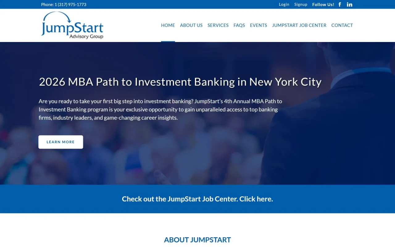 The JumpStart Advisory Group homepage announcing the 2026 MBA Path to Investment Banking in New York City