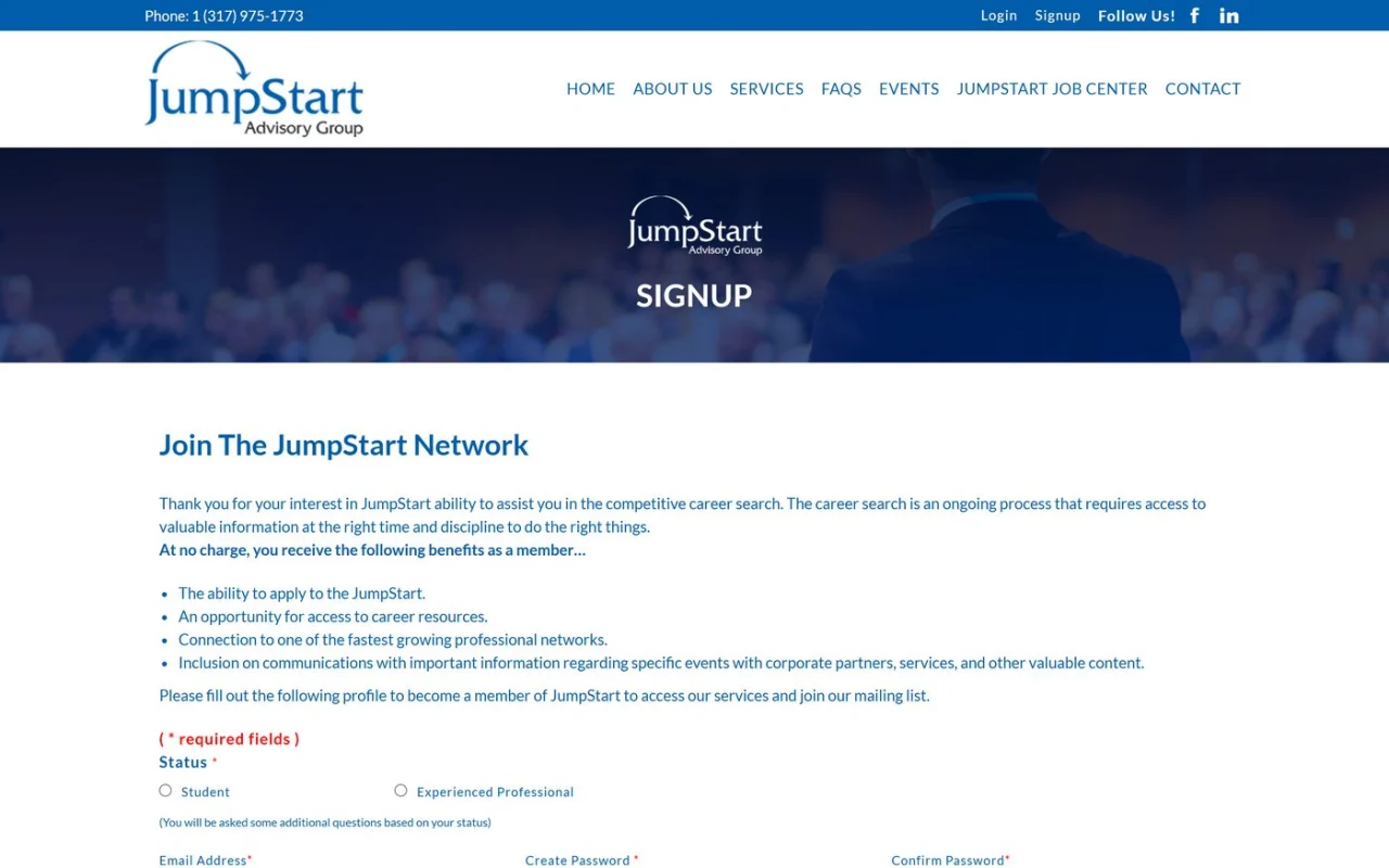 The JumpStart signup page, Join The JumpStart Network, listing the member benefits and starting the profile form with a choice between Student and Experienced Professional