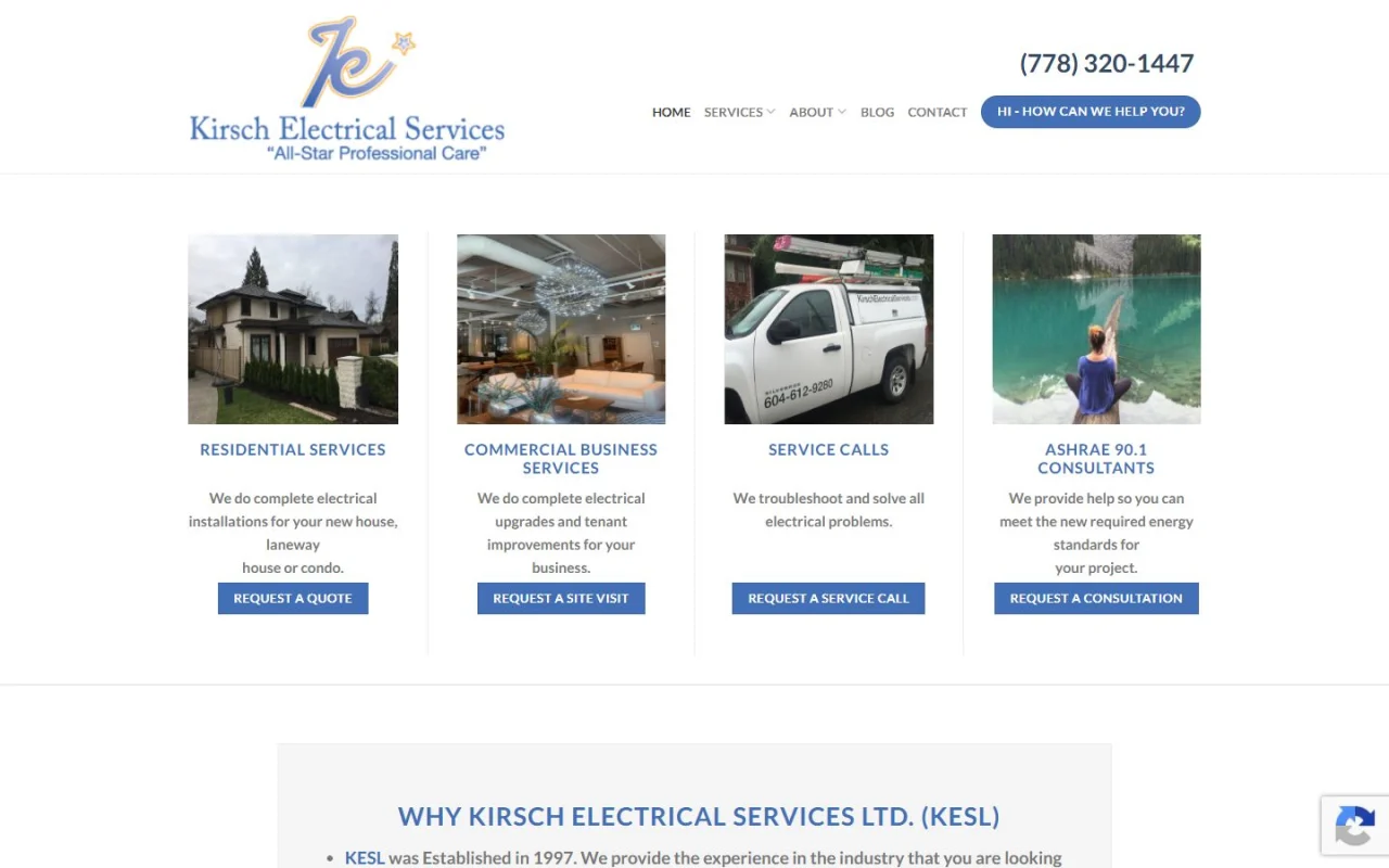 The Kirsch Electrical Services homepage with four service cards, Residential Services, Commercial Business Services, Service Calls and ASHRAE 90.1 Consultants, each with a photo and a request button
