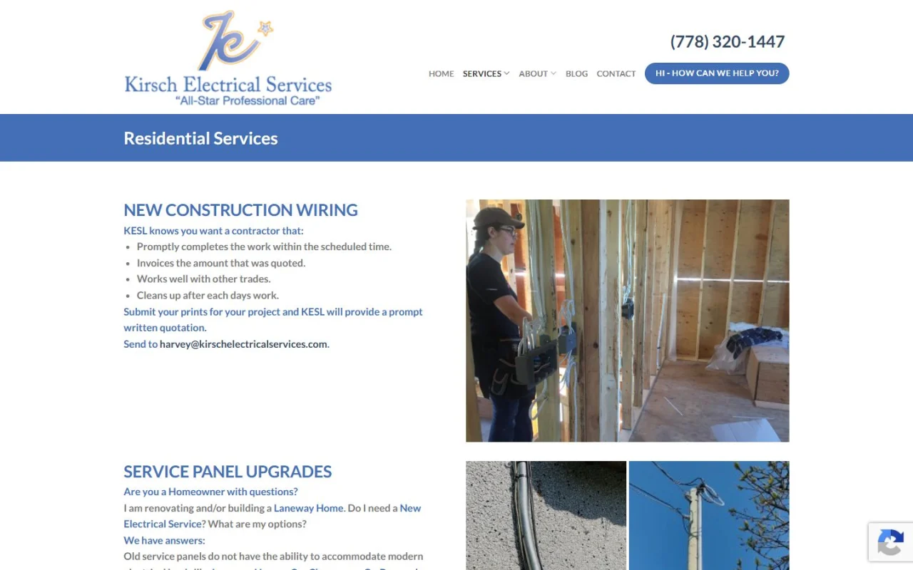 The Residential Services page of Kirsch Electrical Services with sections for New Construction Wiring and Service Panel Upgrades, bullet lists and photos of an electrician at work