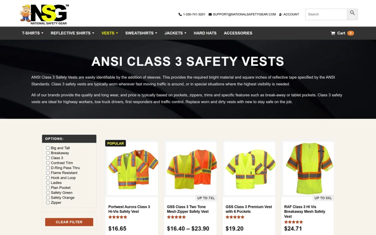 The ANSI Class 3 Safety Vests category on National Safety Gear with filter options and vests from several brands with prices