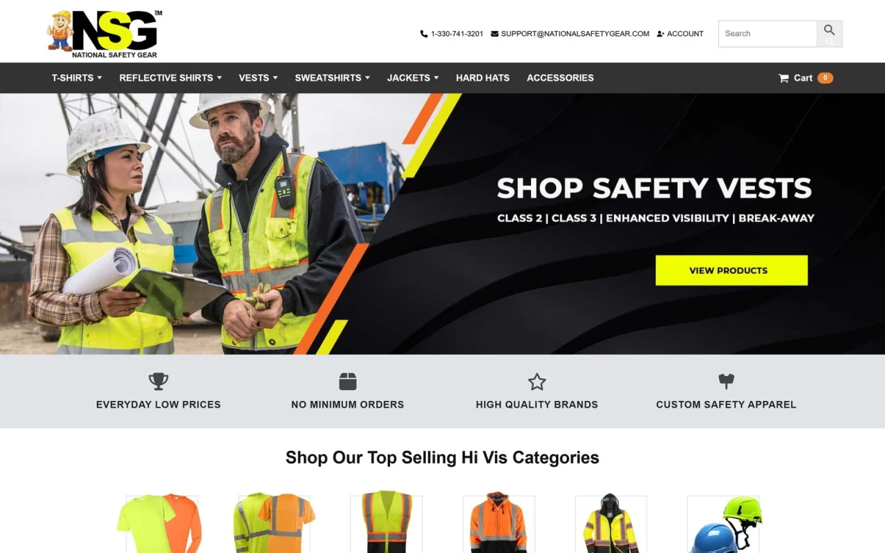 The National Safety Gear homepage with workers in safety vests, Shop Safety Vests, and the store promises: everyday low prices, no minimum orders, high quality brands, custom safety apparel