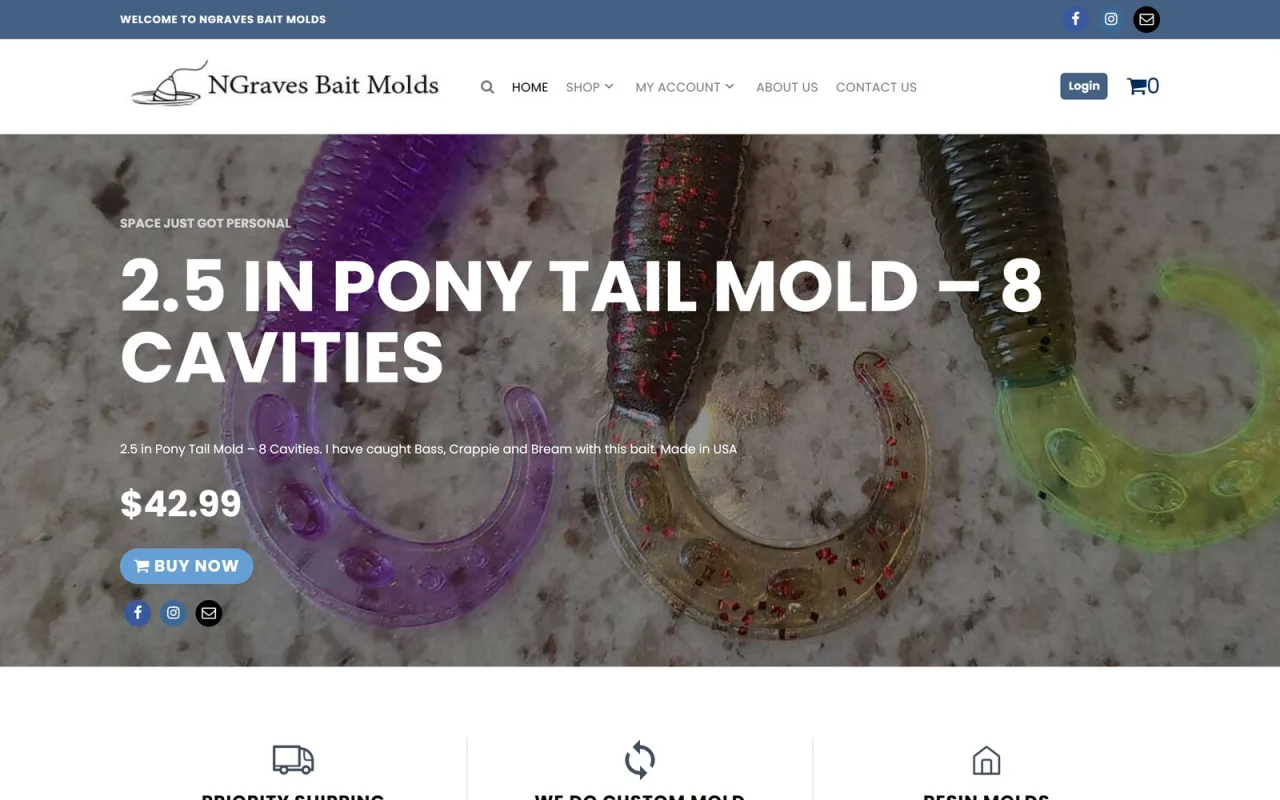 The NGraves Bait Molds homepage featuring the 2.5 inch Pony Tail mold with 8 cavities at $42.99