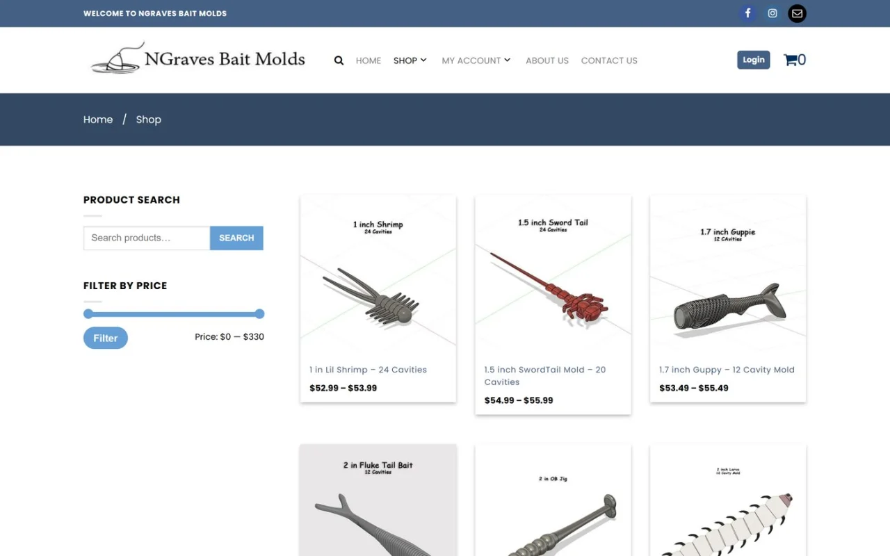 The NGraves Bait Molds shop page with product search, a price filter and molds such as the 1 inch Shrimp and the 1.7 inch Guppy with their prices