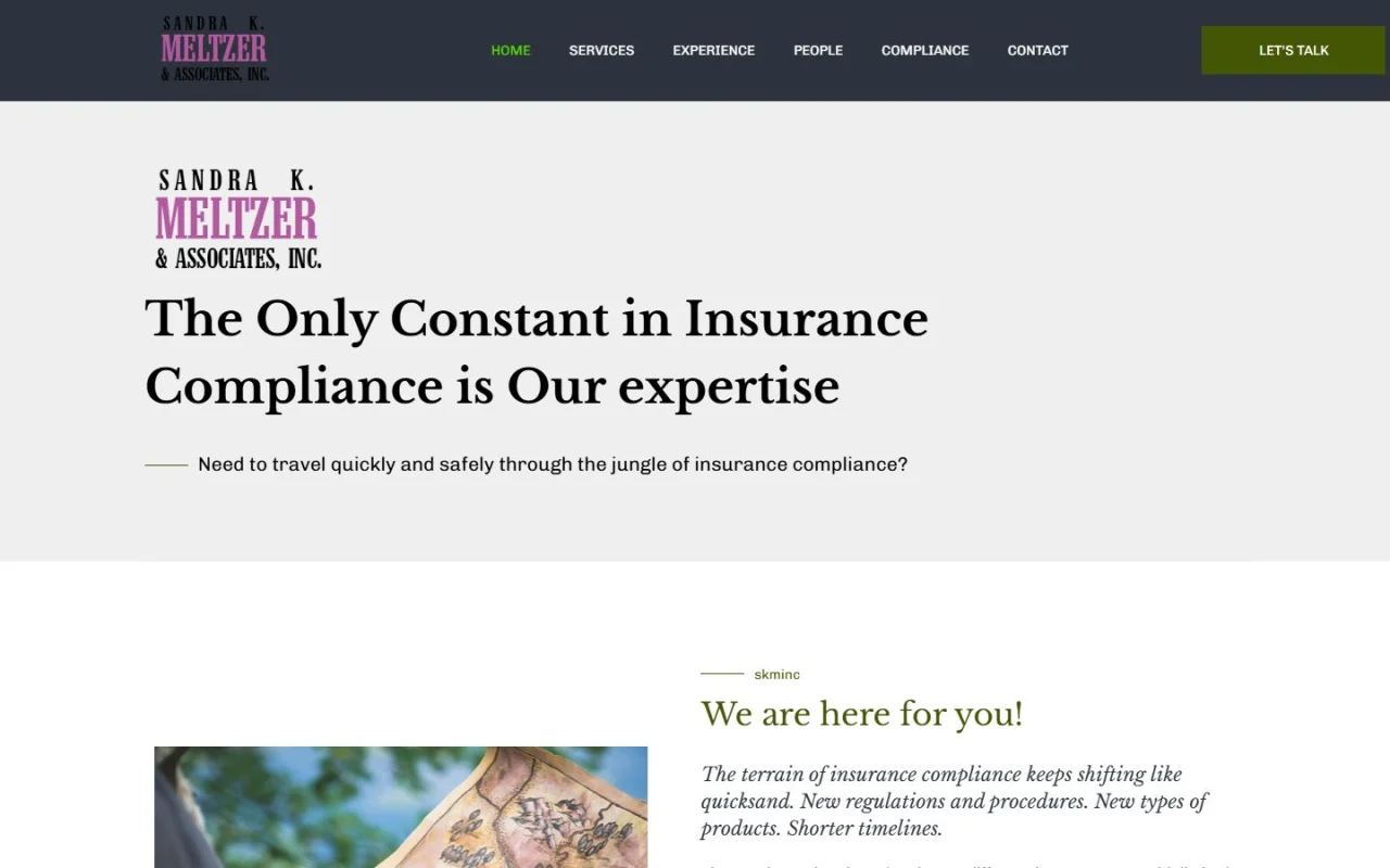 The SKM Inc homepage with the recreated Sandra K. Meltzer & Associates logo and the headline The Only Constant in Insurance Compliance is Our expertise