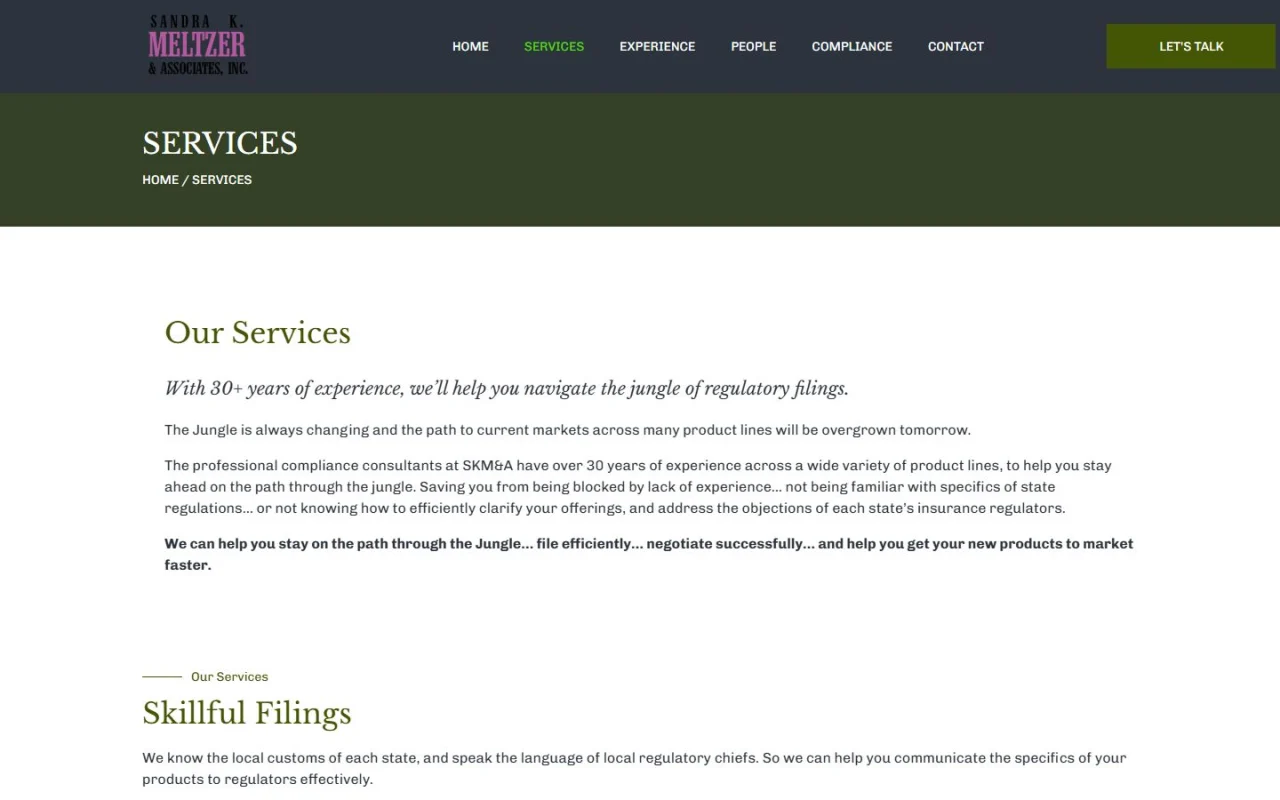 The SKM Inc Services page: Our Services, with 30+ years of experience, we'll help you navigate the jungle of regulatory filings, and a Skillful Filings section