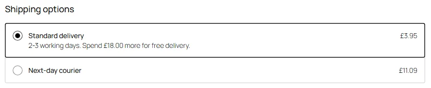 Shipping options at a WooCommerce checkout, both from one Codiffy Table Rate table: Standard delivery at &pound;3.95 with the note "2-3 working days. Spend &pound;18.00 more for free delivery.", and Next-day courier at &pound;11.09.
