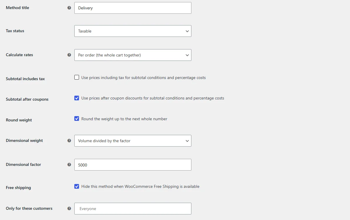 Codiffy Table Rate method settings: Method title Delivery, Tax status Taxable, Calculate rates Per order, Subtotal after coupons and Round weight ticked, Dimensional weight Volume divided by the factor with factor 5000, Hide this method when WooCommerce Free Shipping is available ticked, and Only for these customers set to Everyone.