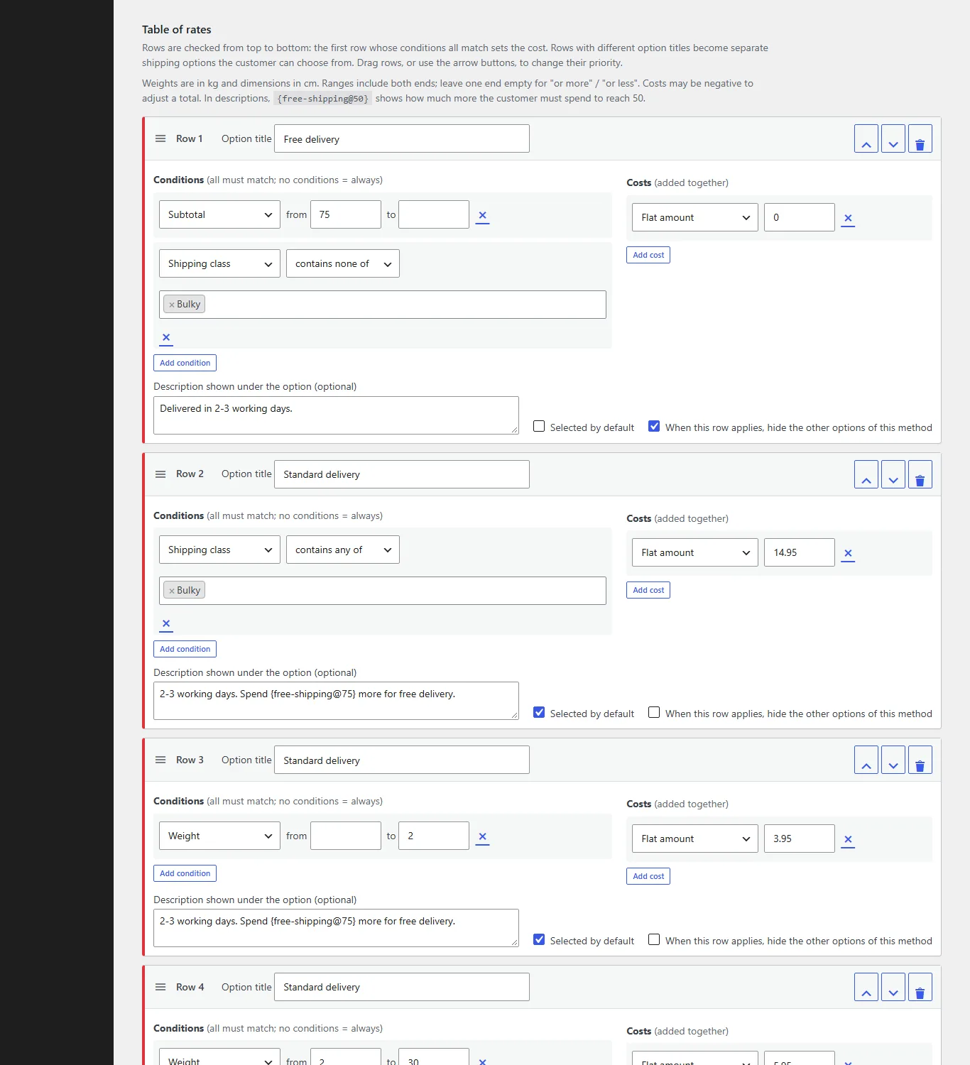 The Codiffy Table Rate table of rates in WooCommerce: row 1 Free delivery for a subtotal from 75 when the cart contains no Bulky items, row 2 Standard delivery at 14.95 for the Bulky shipping class, row 3 Standard delivery at 3.95 for weights up to 2 kg, each with a description and Selected by default and Hide the other options checkboxes.