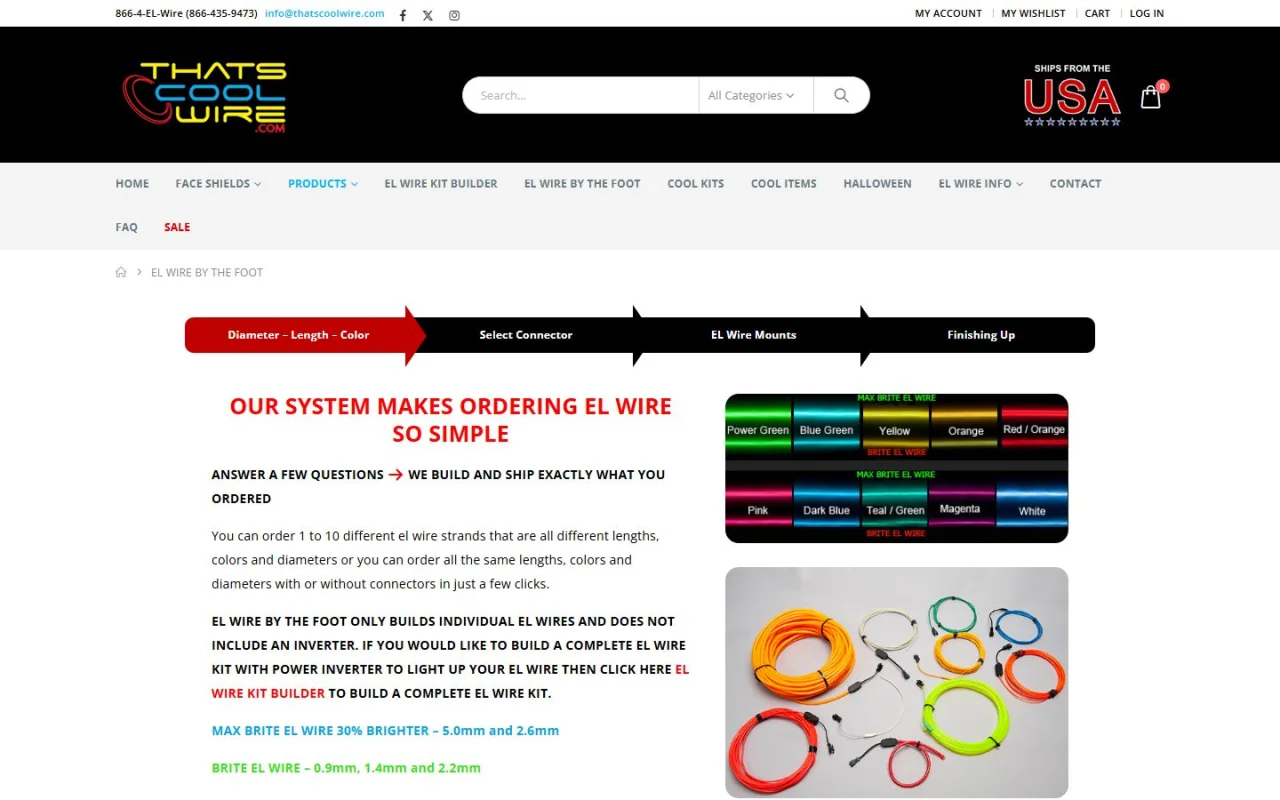 The El Wire by the Foot page: a step bar for diameter, length and colour, connector, mounts and finishing up, the headline Our System Makes Ordering El Wire So Simple and photos of coloured EL wire strands