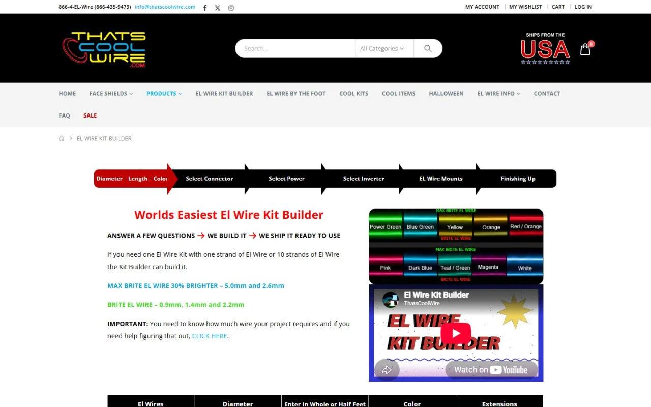 The That's Cool Wire EL Wire Kit Builder page: a step bar for diameter, length and colour, connector, power, inverter, mounts and finishing up, the headline Worlds Easiest El Wire Kit Builder and a video about the builder