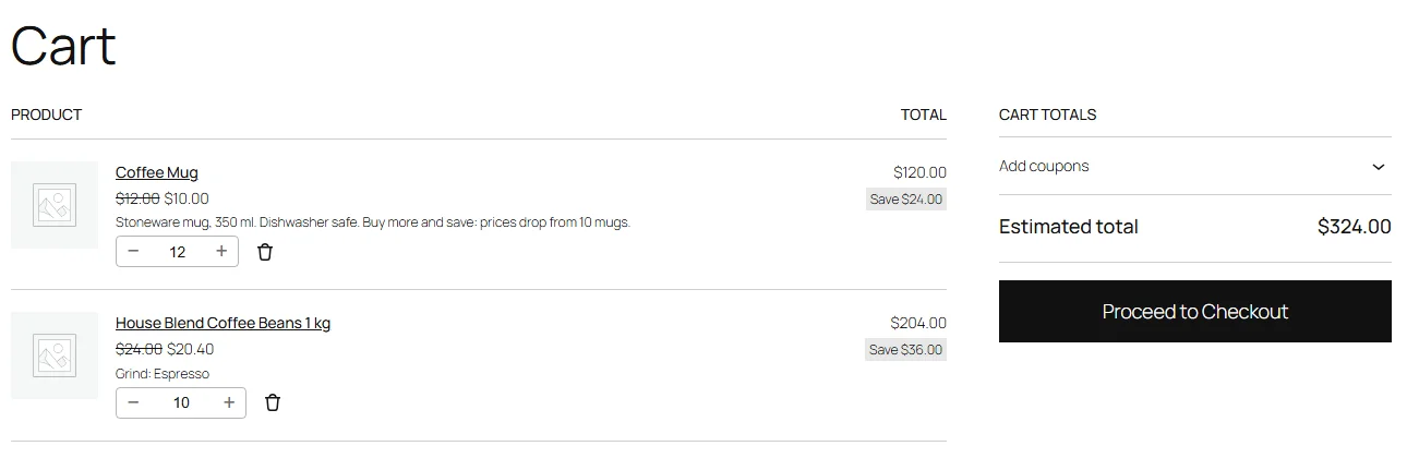A WooCommerce cart with tier prices: 12 coffee mugs at $10.00 instead of $12.00, $120.00 with Save $24.00, and 10 bags of house blend coffee beans at $20.40 instead of $24.00, $204.00 with Save $36.00, for an estimated total of $324.00.