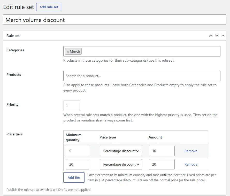 Editing a WooCommerce tiered pricing rule set named Merch volume discount: Categories set to Merch, Products empty, Priority 1, and price tiers of 10% off from 5 items and 20% off from 20 items.
