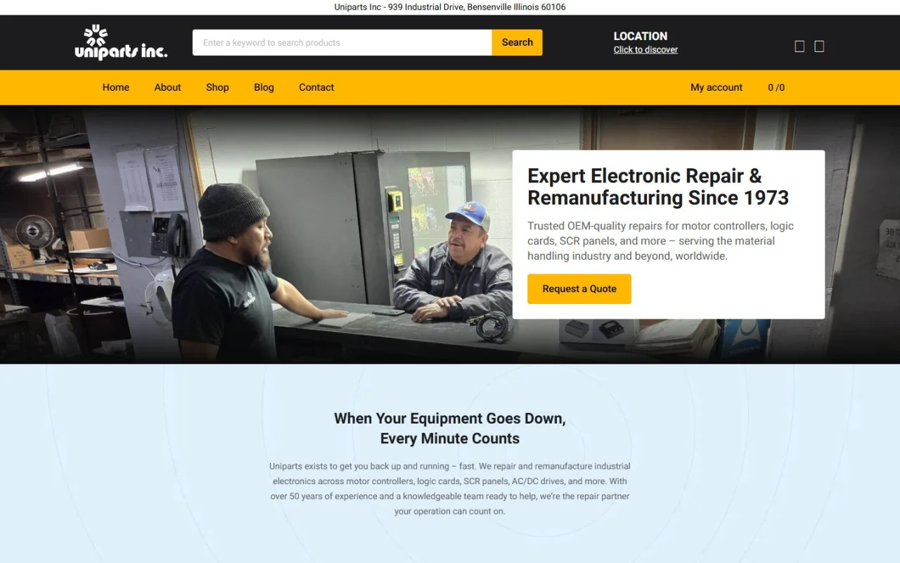 The Uniparts homepage: a search box for part numbers in the header, and Expert Electronic Repair and Remanufacturing Since 1973 with a Request a Quote button over a photo of two technicians