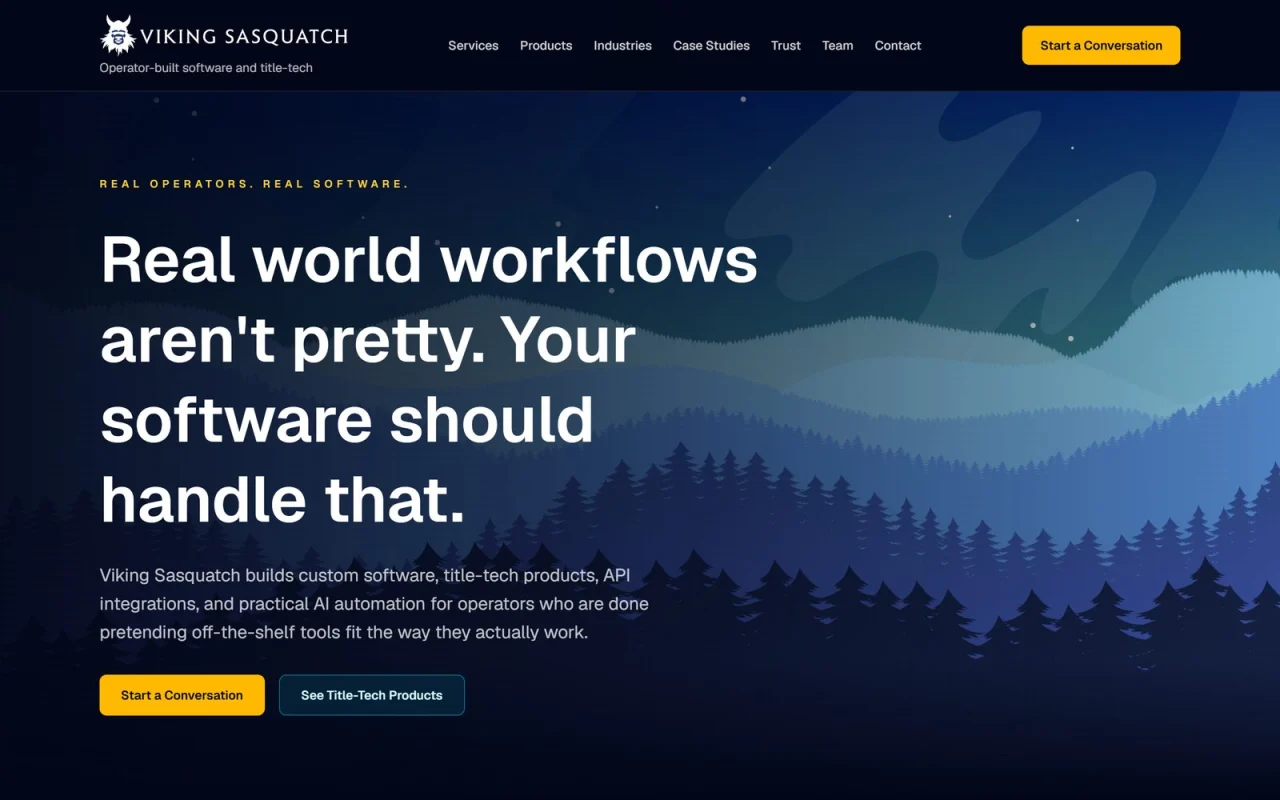 The Viking Sasquatch homepage: Real world workflows aren't pretty. Your software should handle that, over an illustrated night forest and mountains