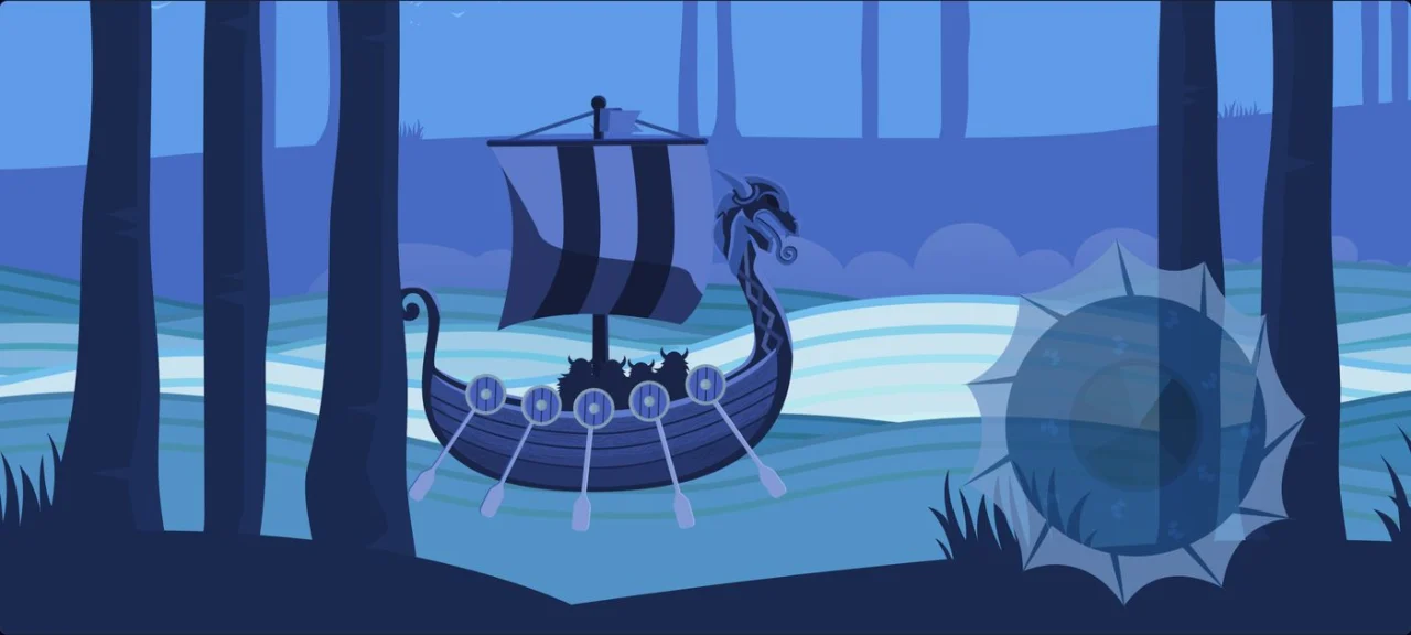An illustrated scene from the Viking Sasquatch website: a Viking longship with striped sail, shields and oars, facing a water dragon in the waves between dark forest trees