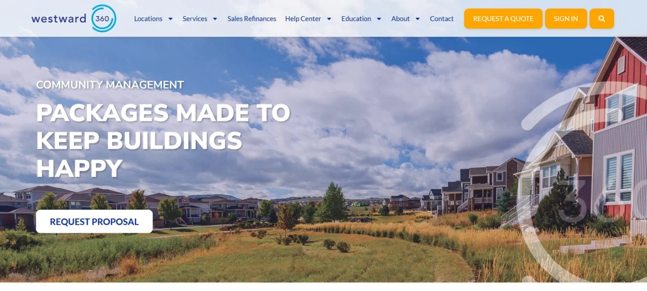 The Westward360 Community Management page with the headline Packages Made to Keep Buildings Happy and a Request Proposal button over a photo of a residential community