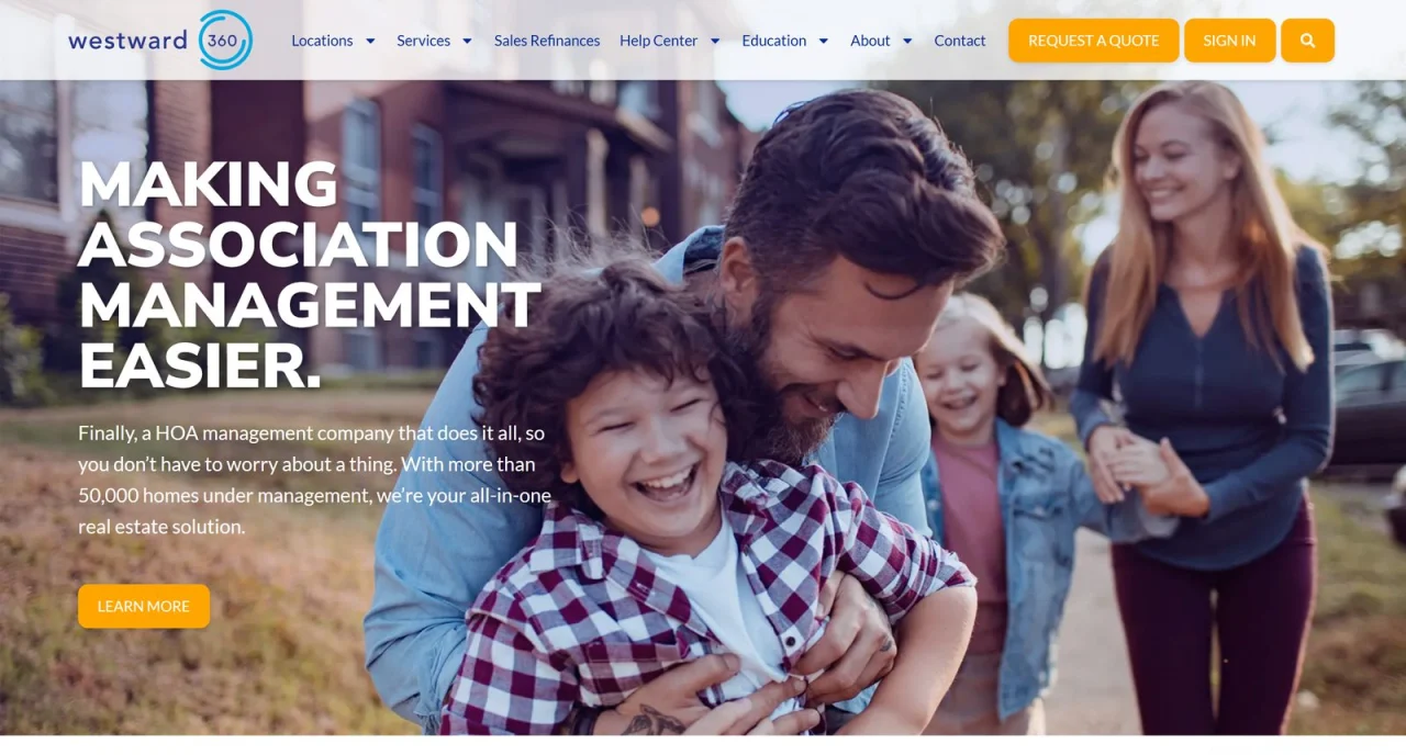 The Westward360 homepage, Making Association Management Easier, with a family in front of their home