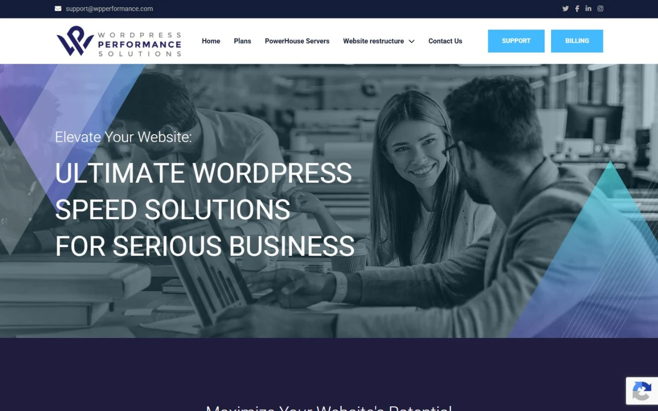 The WP Performance homepage: Elevate Your Website: Ultimate WordPress Speed Solutions for Serious Business, over a photo of two people at a laptop