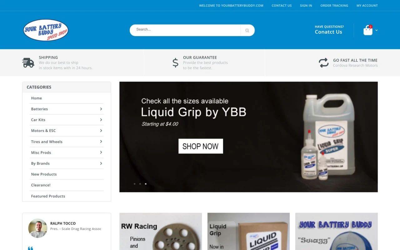 The Your Battery Buddy homepage with its category menu for batteries, car kits, motors, tires and wheels, and a banner for Liquid Grip by YBB