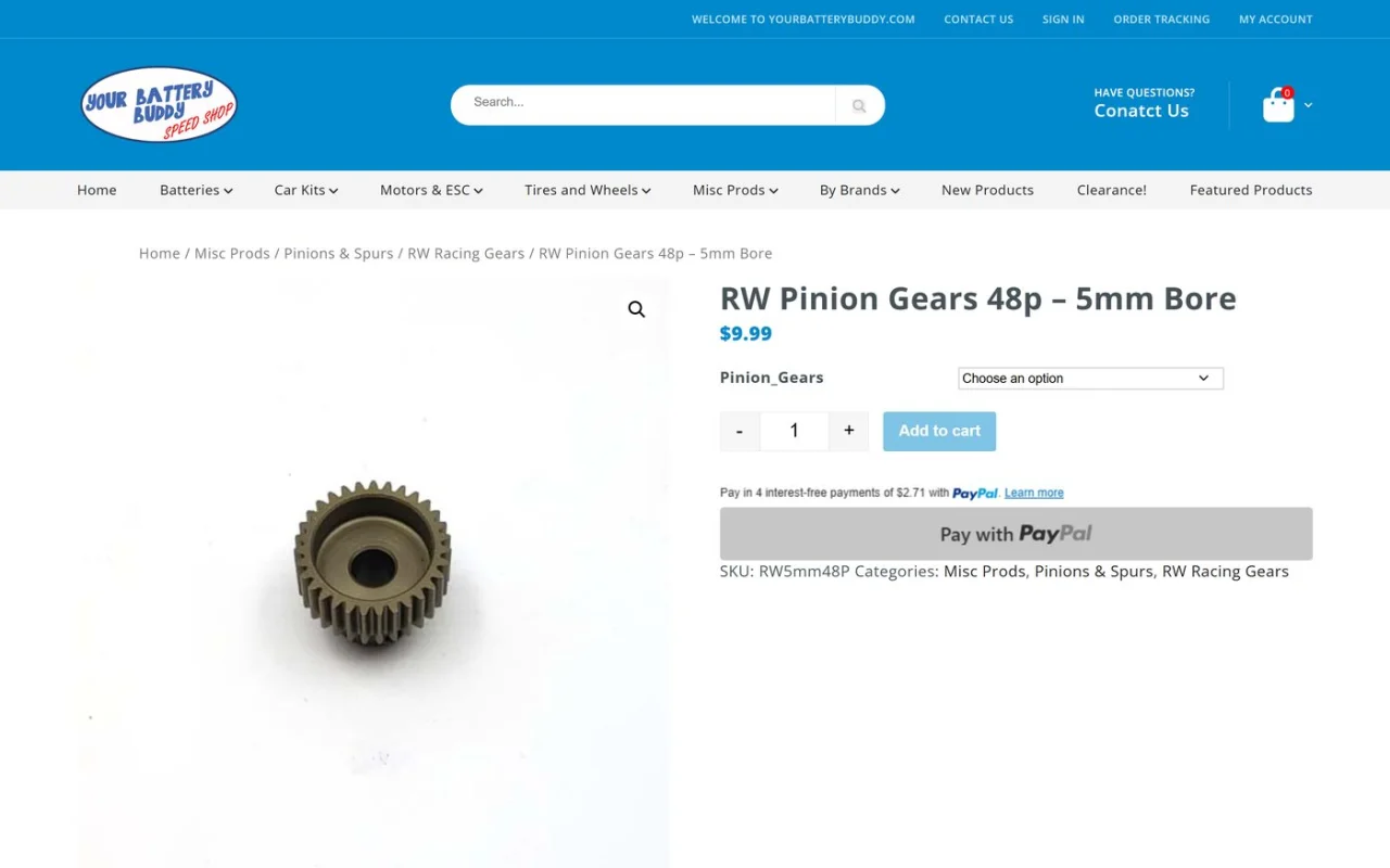 A Your Battery Buddy product page for RW Pinion Gears 48p with a 5 mm bore, an option list, the price and the add to cart button